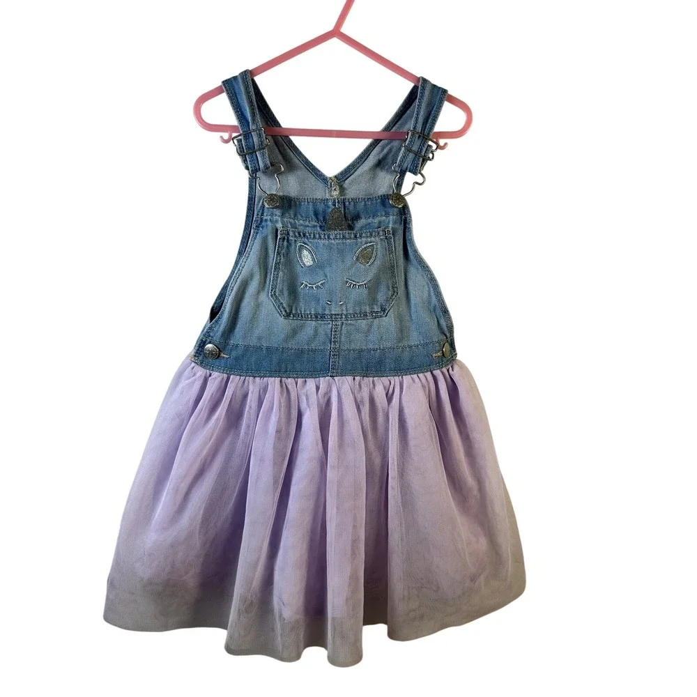 OshKosh B'gosh Girls 5T Denim Unicorn Tulle‎ Tutu Jumper Dress Blue Purple